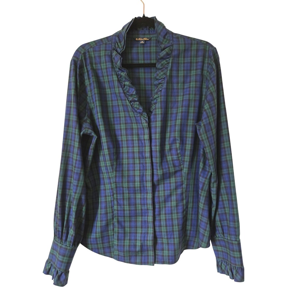 Brooks Brothers 16 Womens Plaid Ruffle Neck Blouse Navy Green Top Button Front